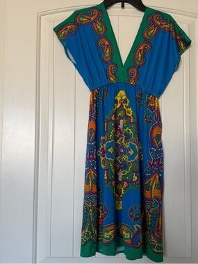 Vibrant Boho Paisley Mini Dress Deep V Neck Festival Summer Dress Size S